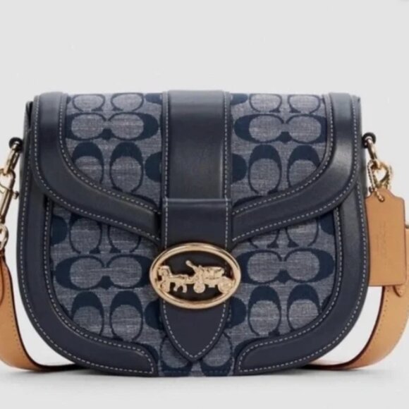 NWT! NEW! Coach Denim Signature Georgia Saddle Bag Women Crossbody Bag - Picture 11 of 14